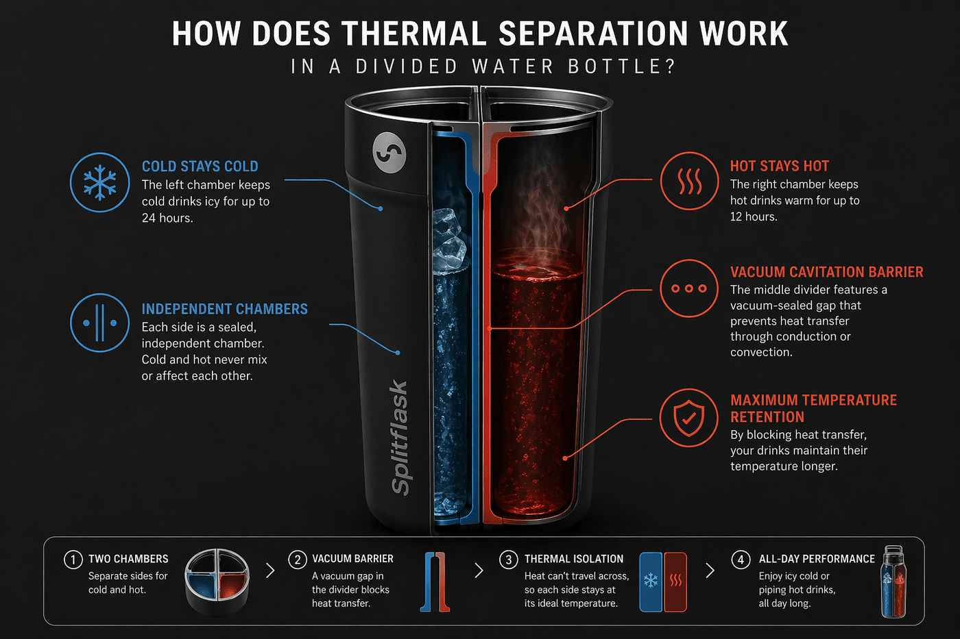 How does thermal separation work in a divided water bottle?