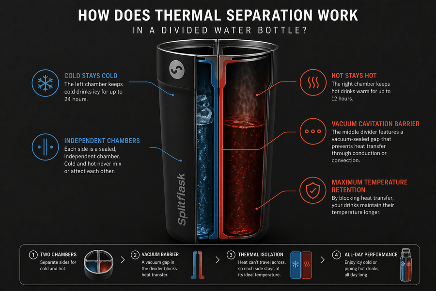 How does thermal separation work in a divided water bottle?