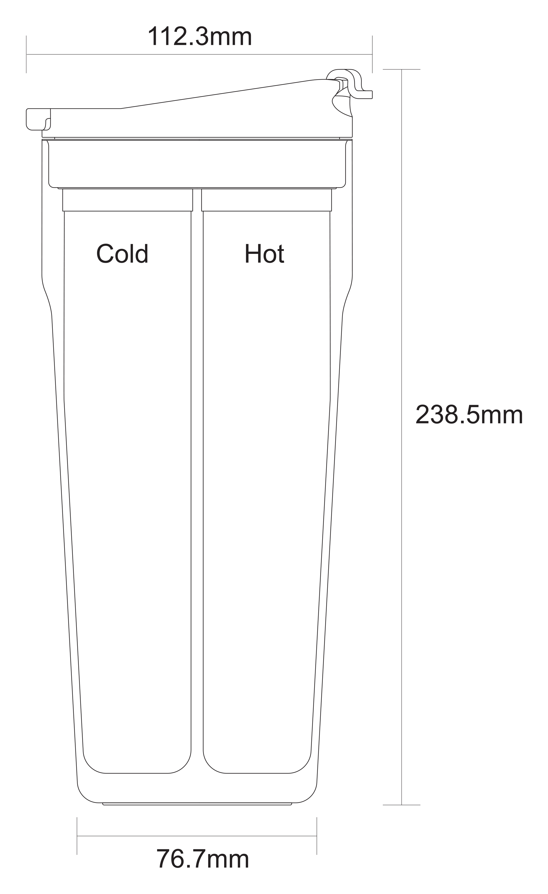 Technical line drawing of the 30 ounce Splitflask showing its height, lid length, and base diameter